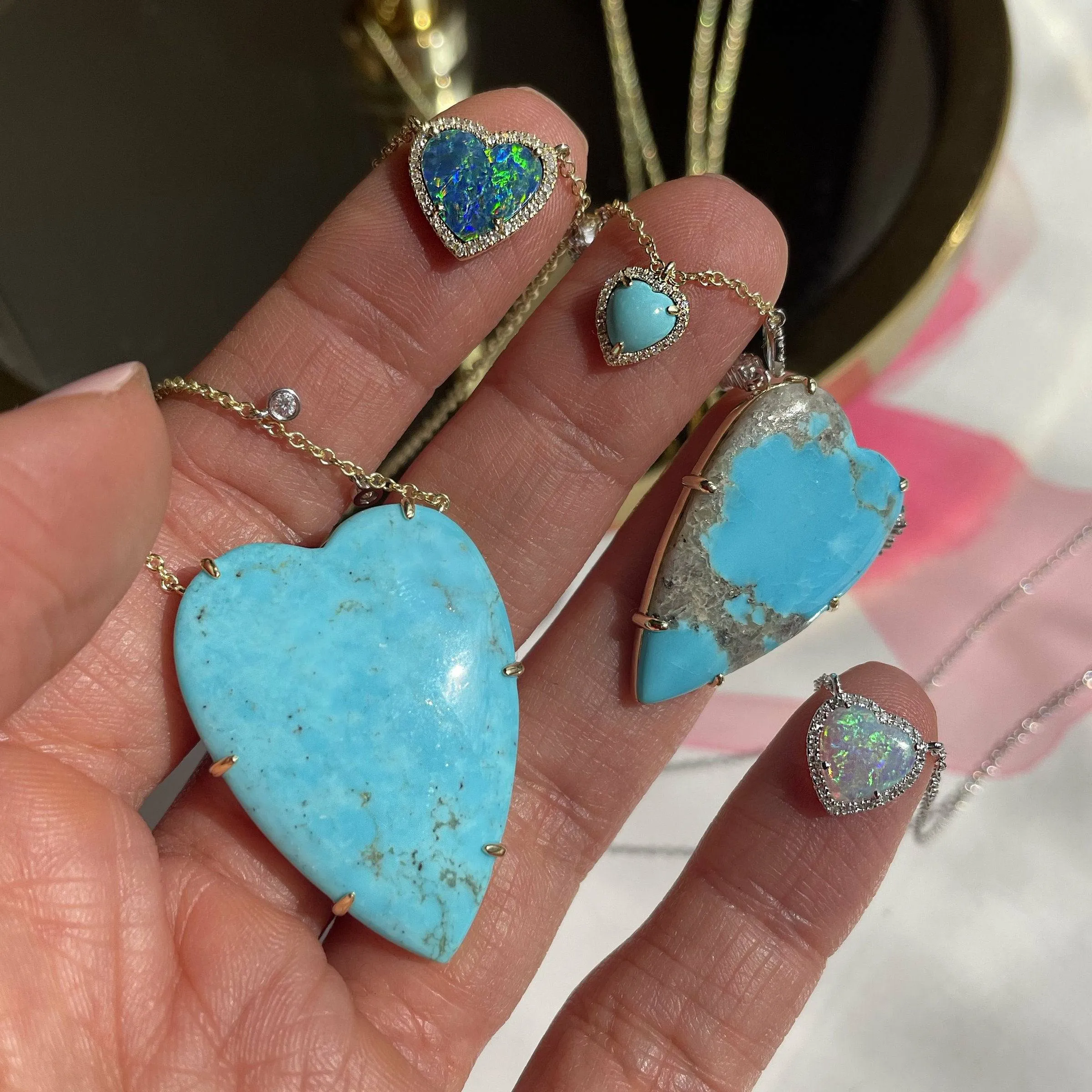 Meira T Turquoise   Heart Necklace Diamonds and Yellow Gold