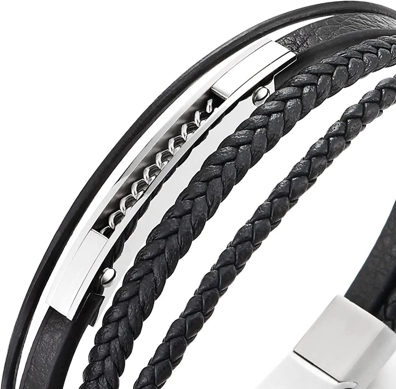 Mens Women Multi-strand Black Braided Leather Bangle Bracelet Steel Inlaid with Curb Chain