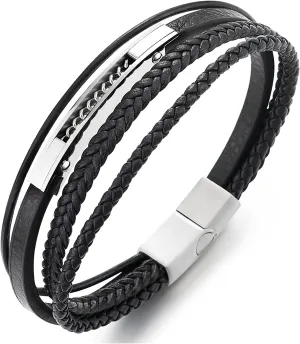 Mens Women Multi-strand Black Braided Leather Bangle Bracelet Steel Inlaid with Curb Chain