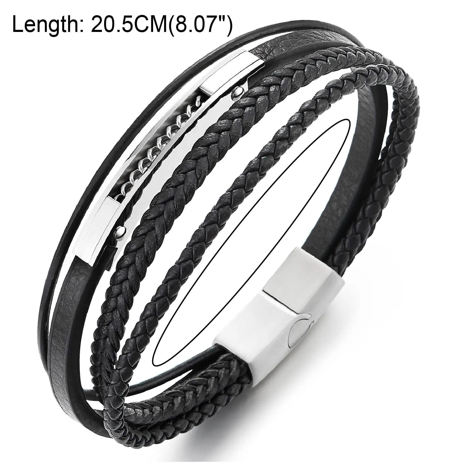 Mens Women Multi-strand Black Braided Leather Bangle Bracelet Steel Inlaid with Curb Chain