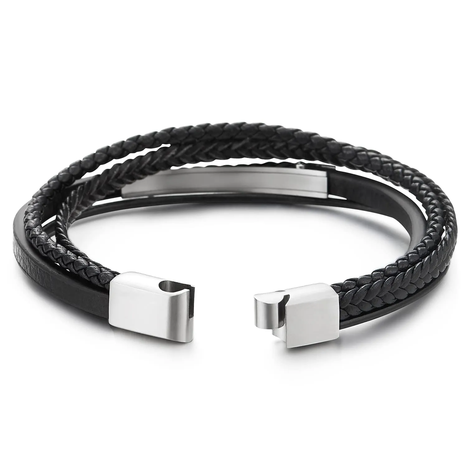 Mens Women Multi-strand Black Braided Leather Bangle Bracelet Steel Inlaid with Curb Chain