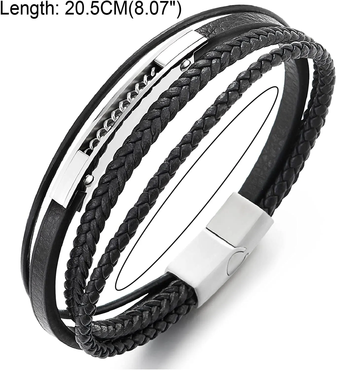 Mens Women Multi-strand Black Braided Leather Bangle Bracelet Steel Inlaid with Curb Chain