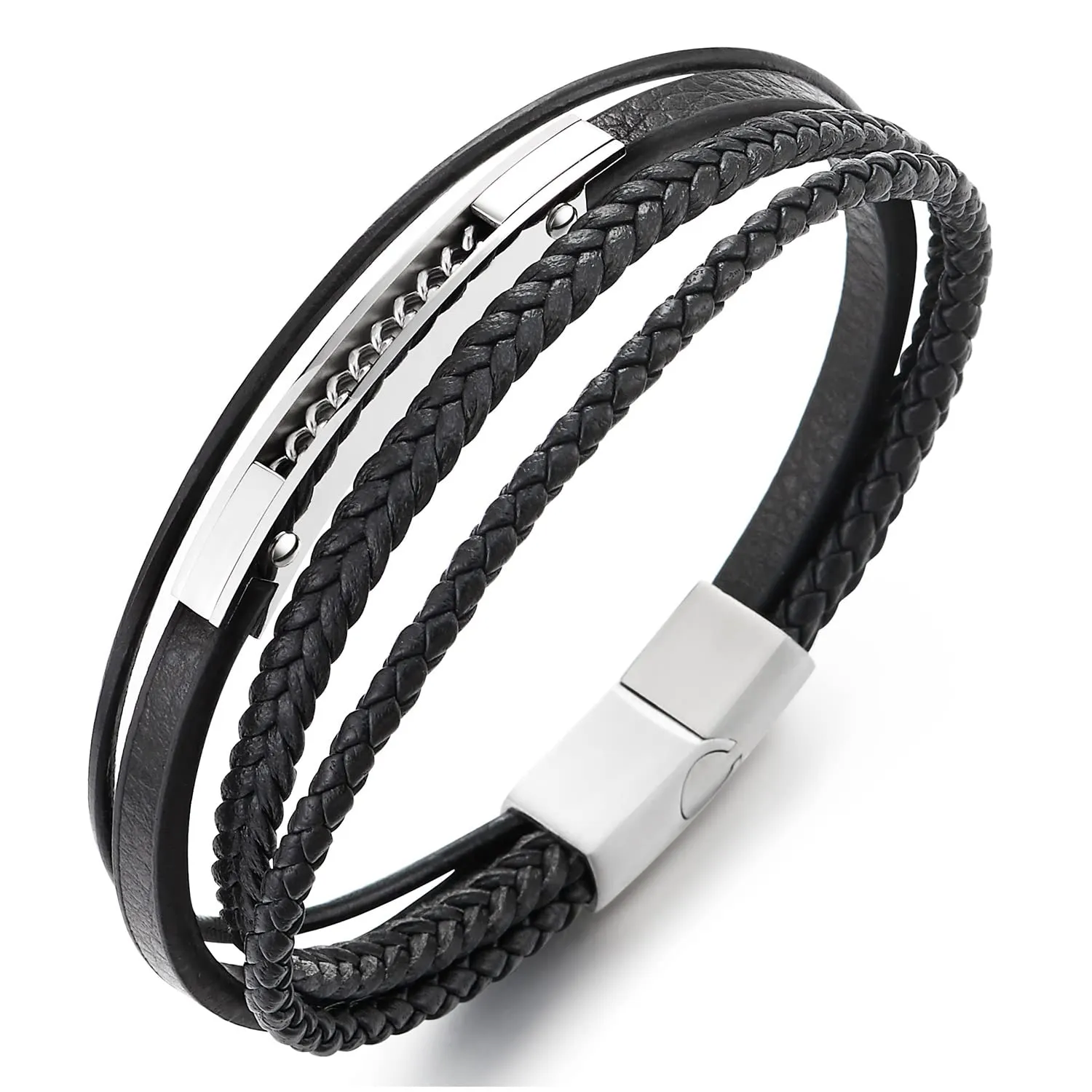 Mens Women Multi-strand Black Braided Leather Bangle Bracelet Steel Inlaid with Curb Chain