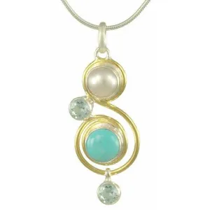 Michou Turquoise , Freshwater Pearl & Blue  Topaz Pendant- Eucalyptus Collection