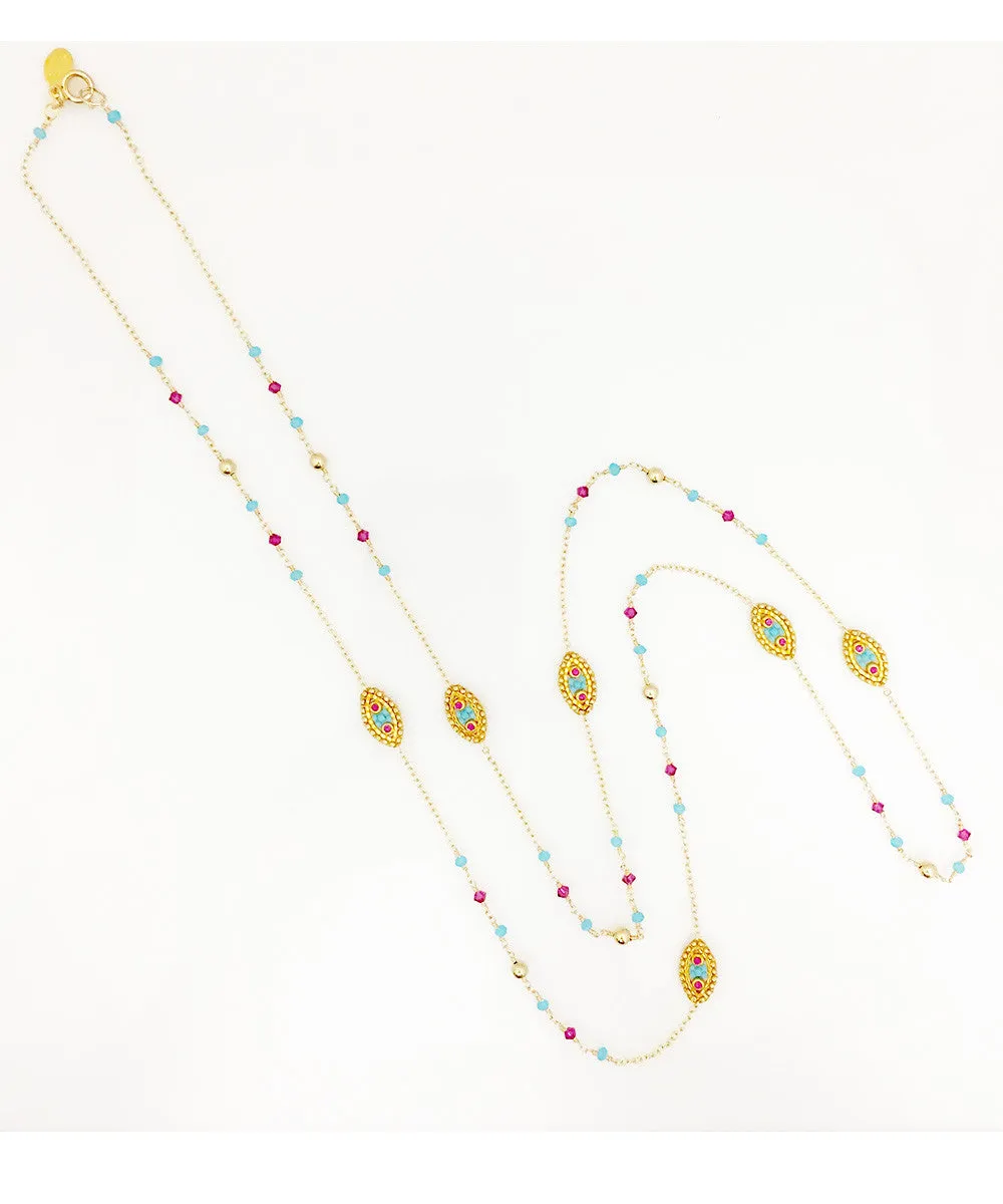 Miguel Ases Swarovski and Turquoise and Fuchsia Miyuki Seed Bead Necklace