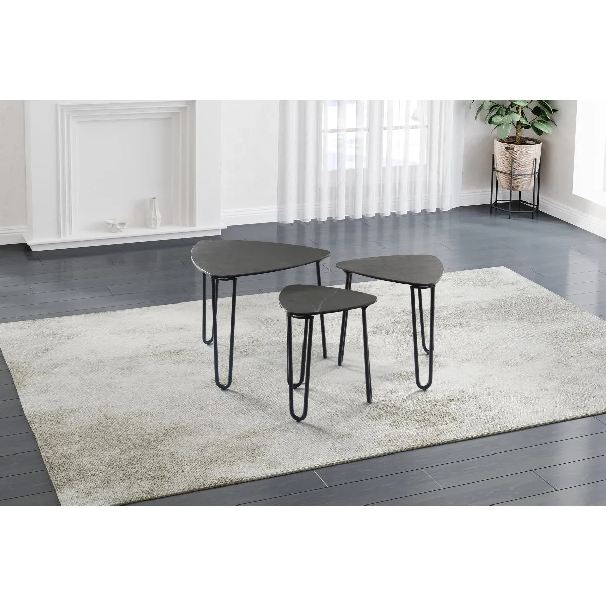 Modern Grey Marble Nesting Tables – 3-Piece Set with Ceramic & Glass Tops