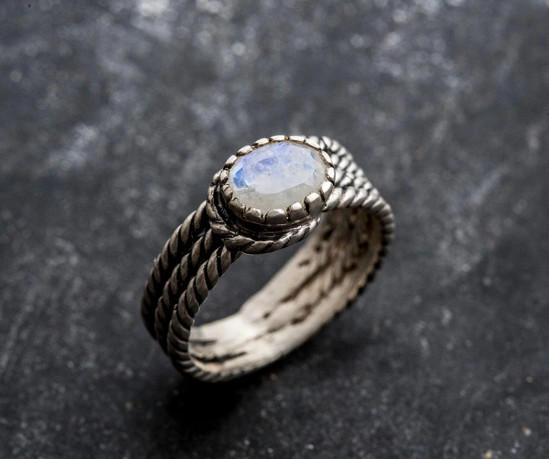 Moonstone Wide Band - Silver Twisted Ring - Natural Moonstone Ring