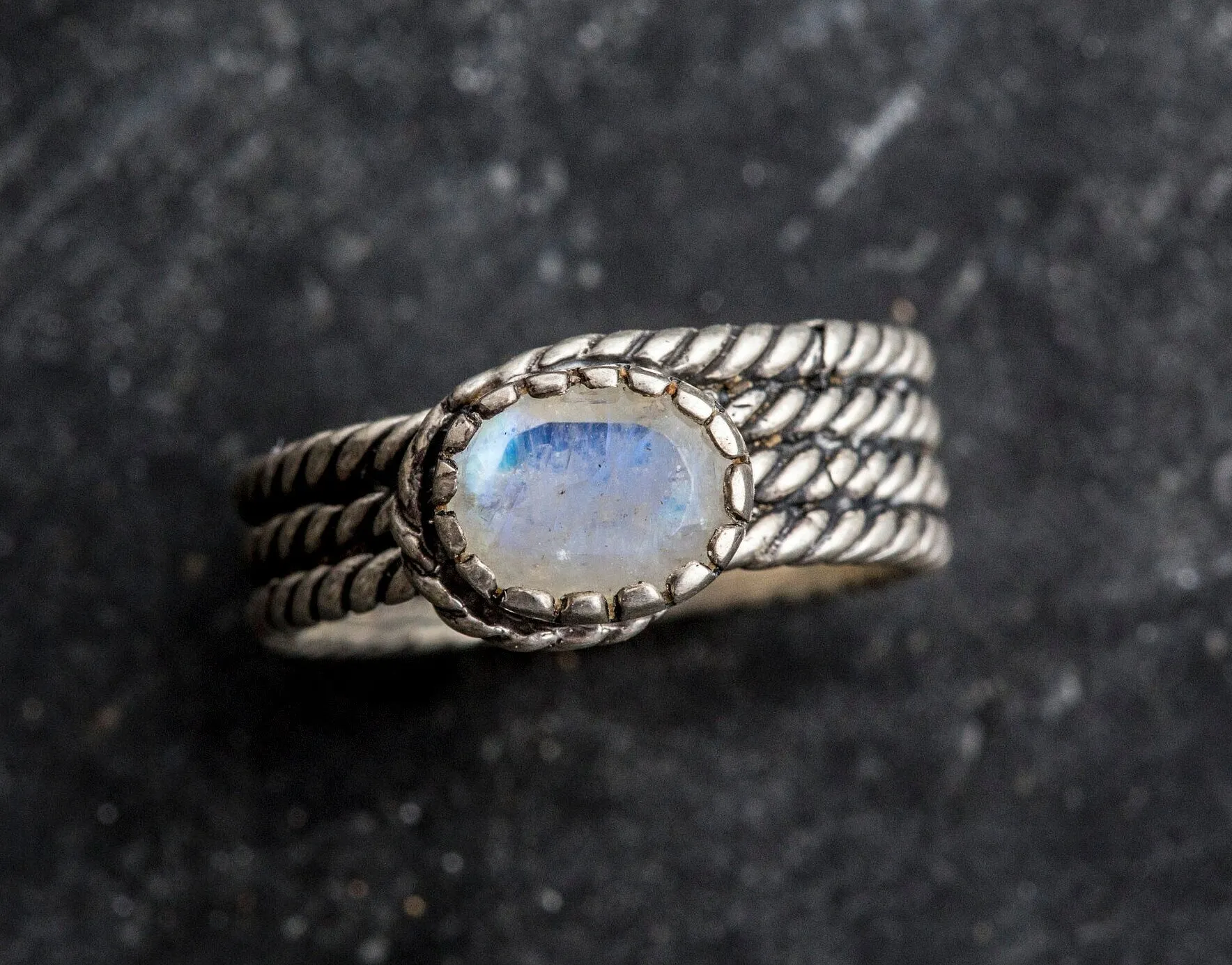 Moonstone Wide Band - Silver Twisted Ring - Natural Moonstone Ring