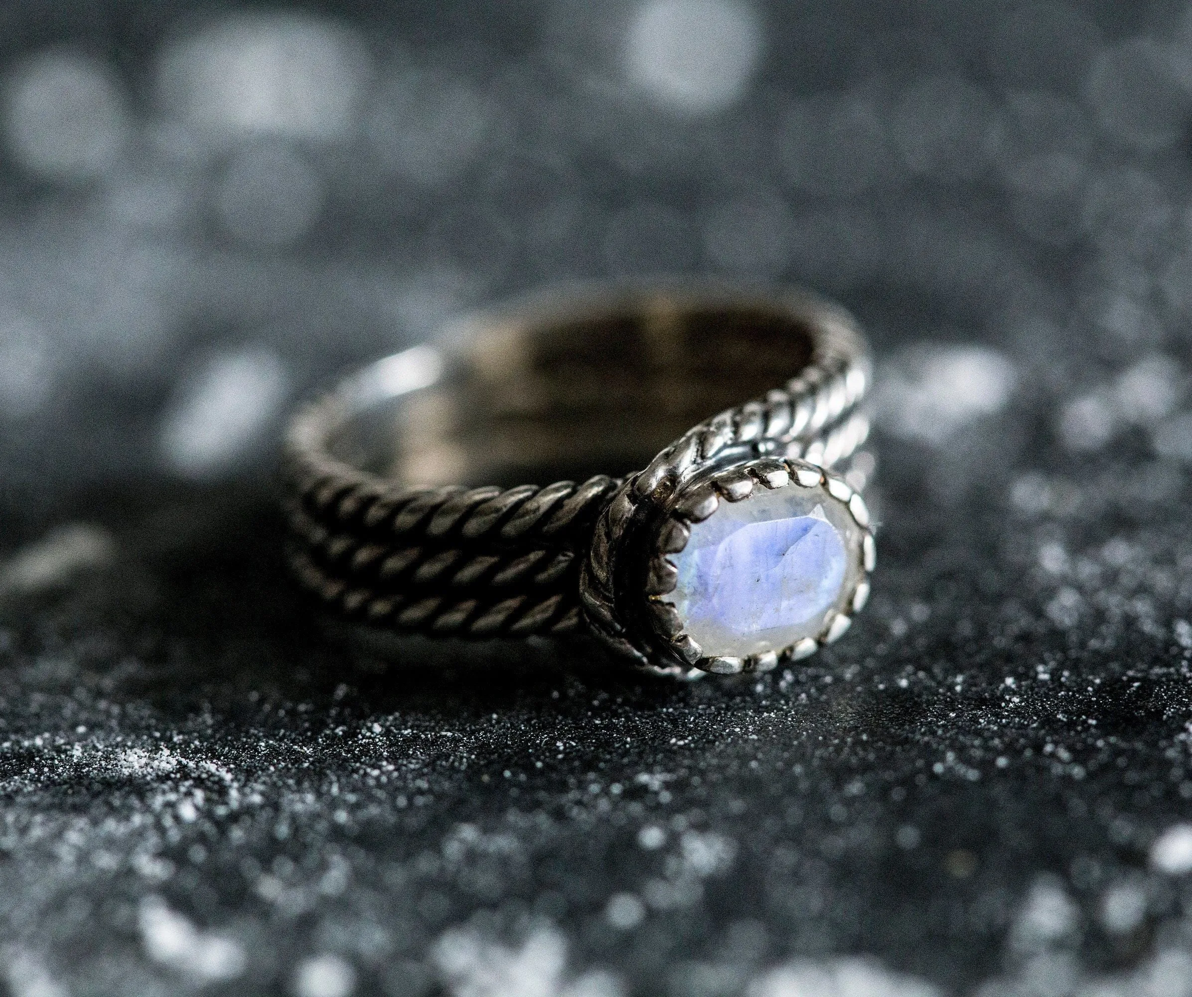 Moonstone Wide Band - Silver Twisted Ring - Natural Moonstone Ring