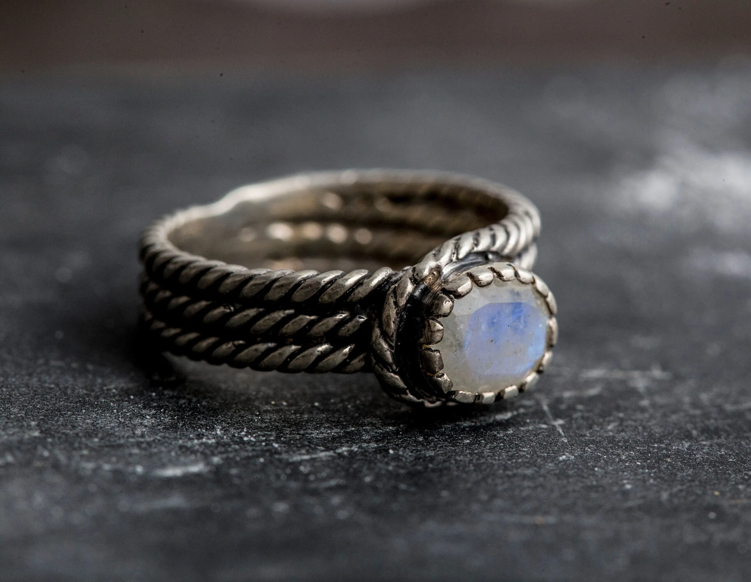 Moonstone Wide Band - Silver Twisted Ring - Natural Moonstone Ring