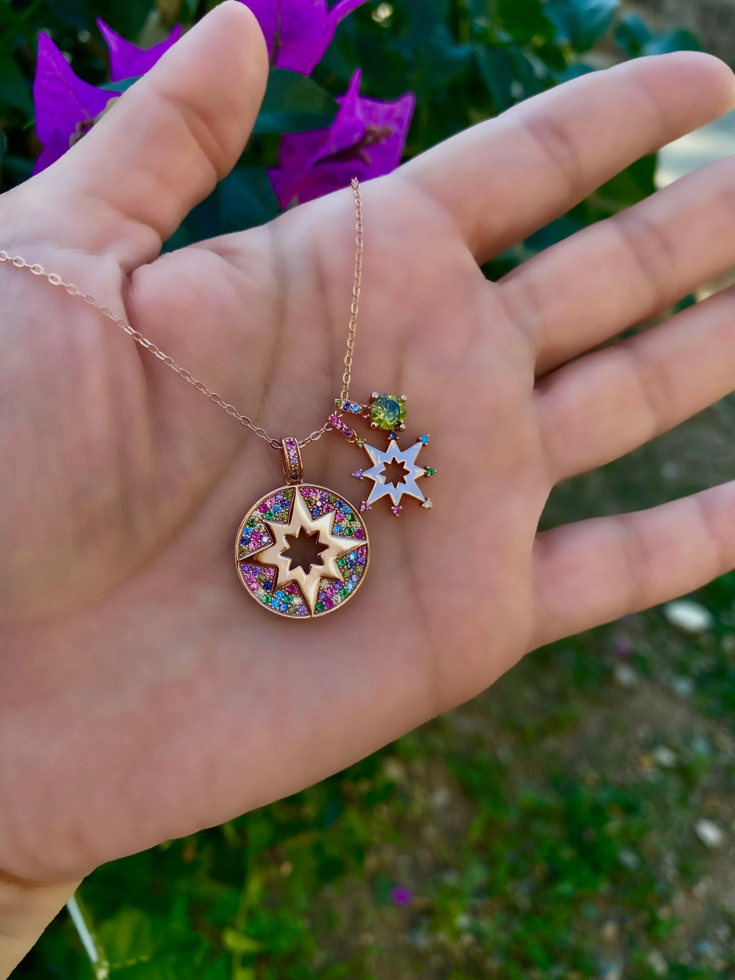 Morning star Necklace with 3 pendants and rainbow stones