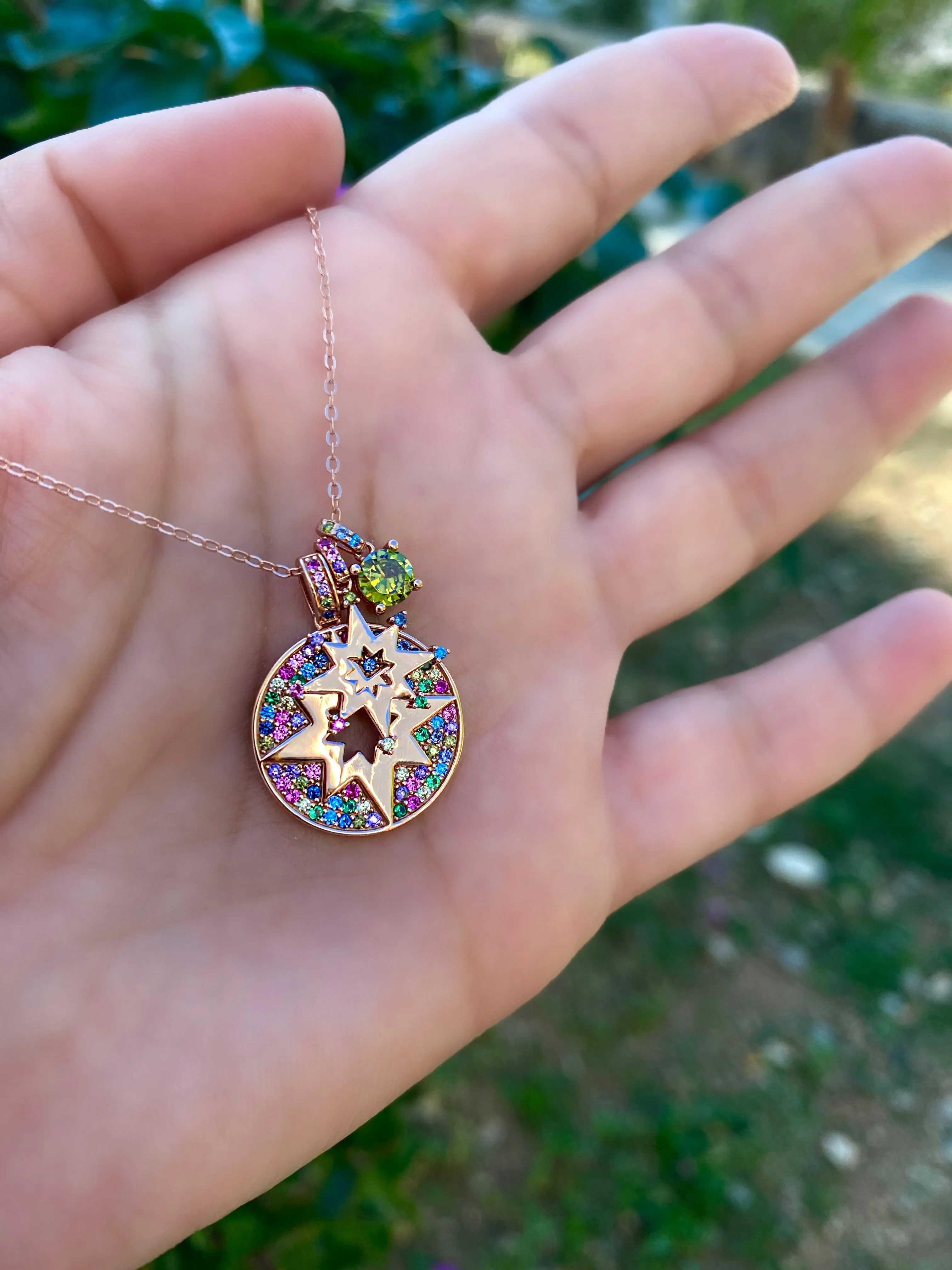 Morning star Necklace with 3 pendants and rainbow stones