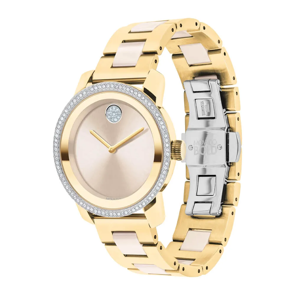 Movado BOLD Ceramic Yellow Gold IP Crystal Set Bezel Women's Watch 3600785