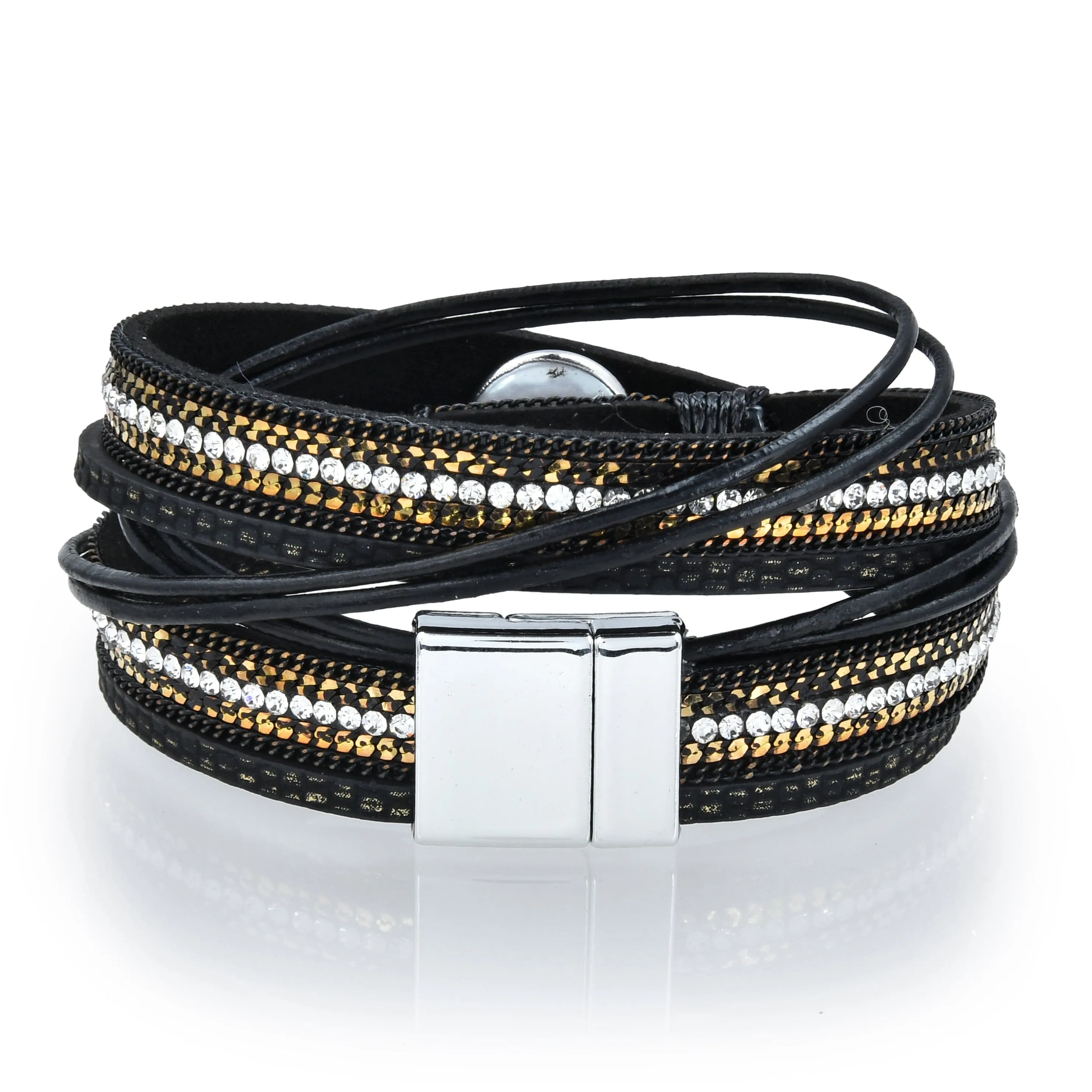 Multiple Strand Pearl, Gold and Diamonds Black Bracelet with Magnetic Clasp