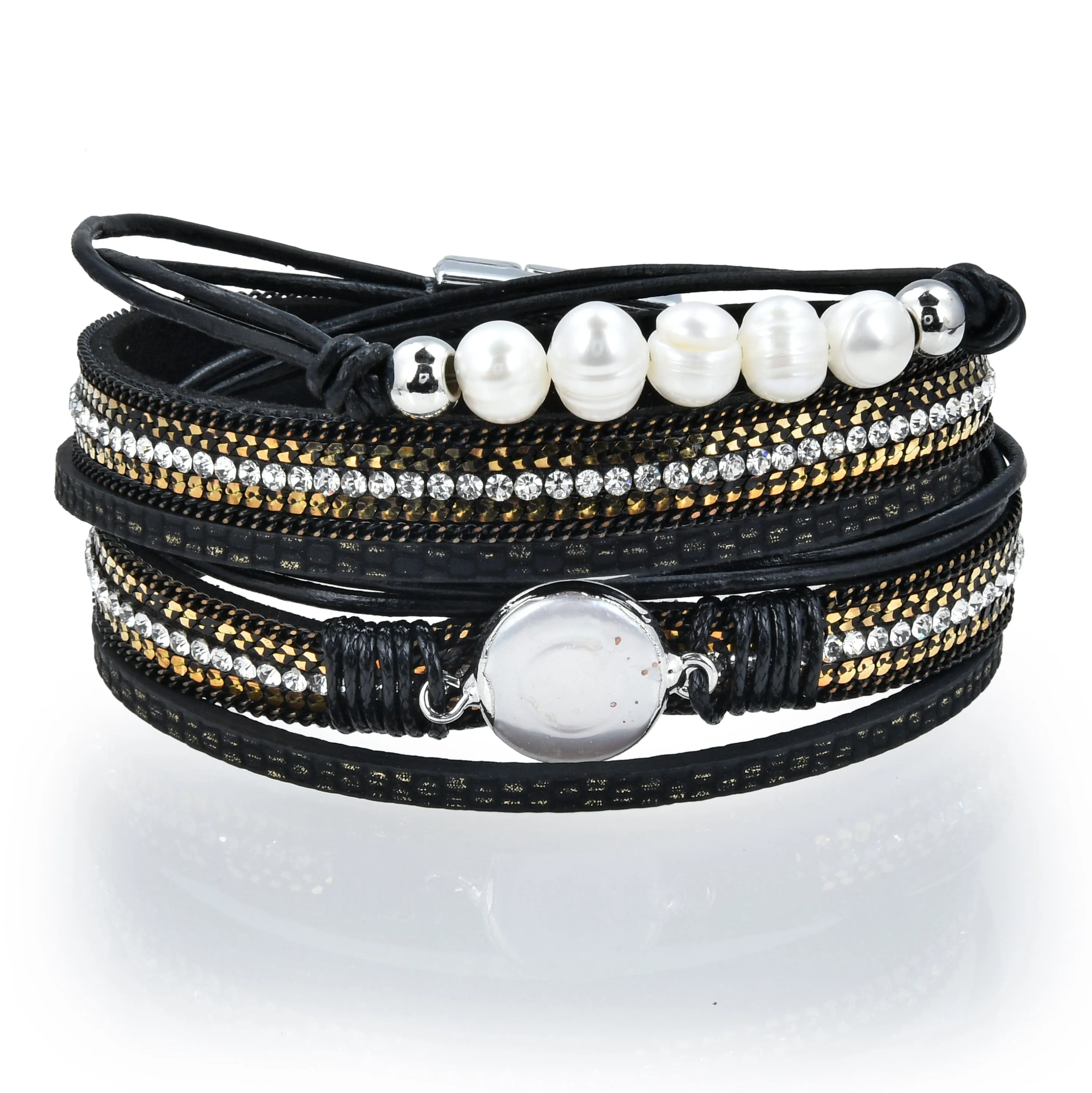 Multiple Strand Pearl, Gold and Diamonds Black Bracelet with Magnetic Clasp