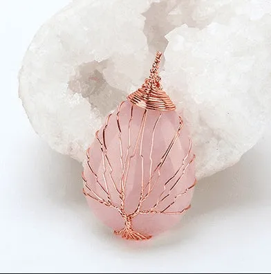 Natural Crystal Pendants Handmade Tree of Life Wrapped Drop Shaped Crystal Pendant Necklace's