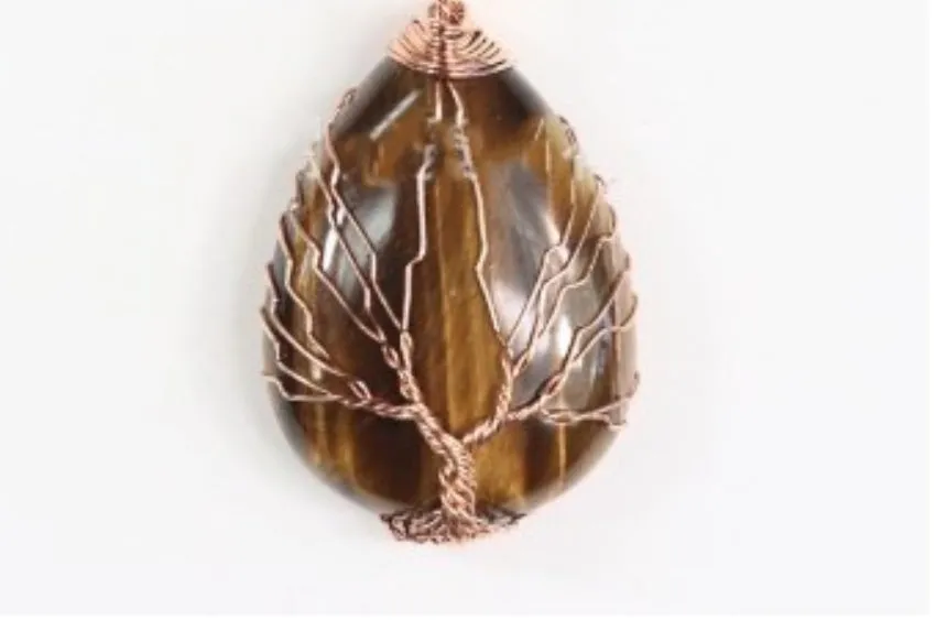 Natural Crystal Pendants Handmade Tree of Life Wrapped Drop Shaped Crystal Pendant Necklace's