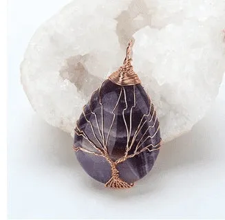 Natural Crystal Pendants Handmade Tree of Life Wrapped Drop Shaped Crystal Pendant Necklace's