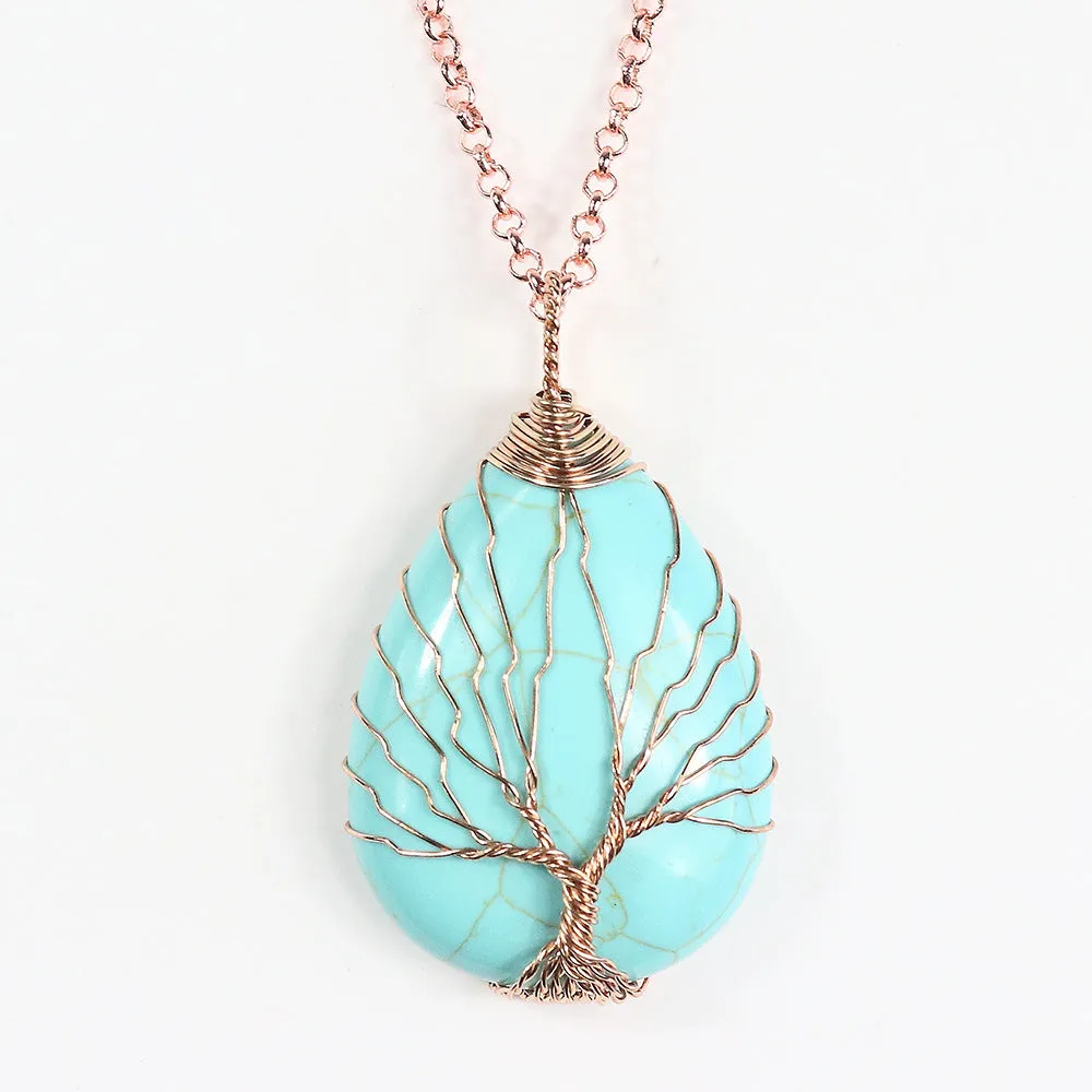 Natural Crystal Pendants Handmade Tree of Life Wrapped Drop Shaped Crystal Pendant Necklace's