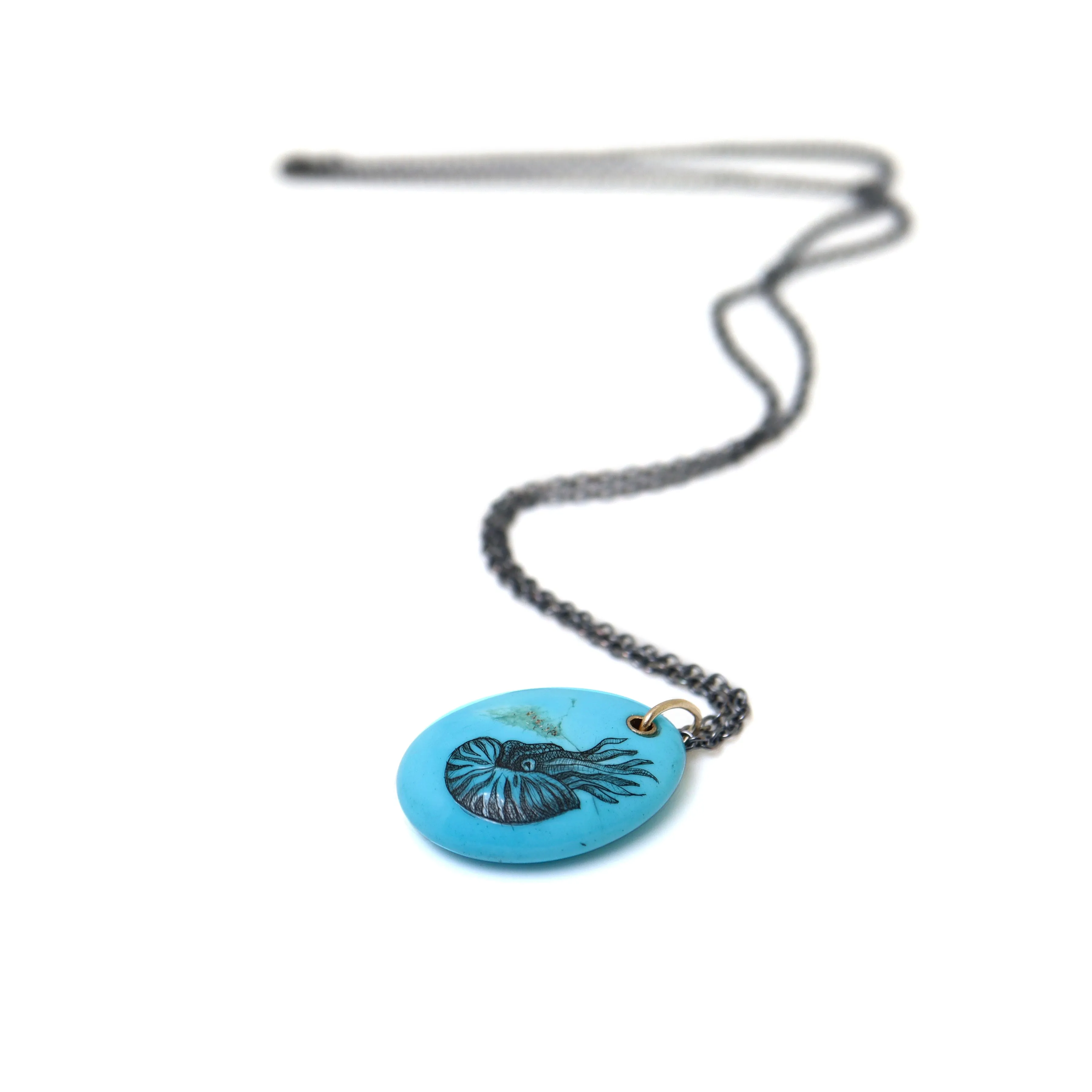 Nautilus Kingman Turquoise Scrimshaw Necklace