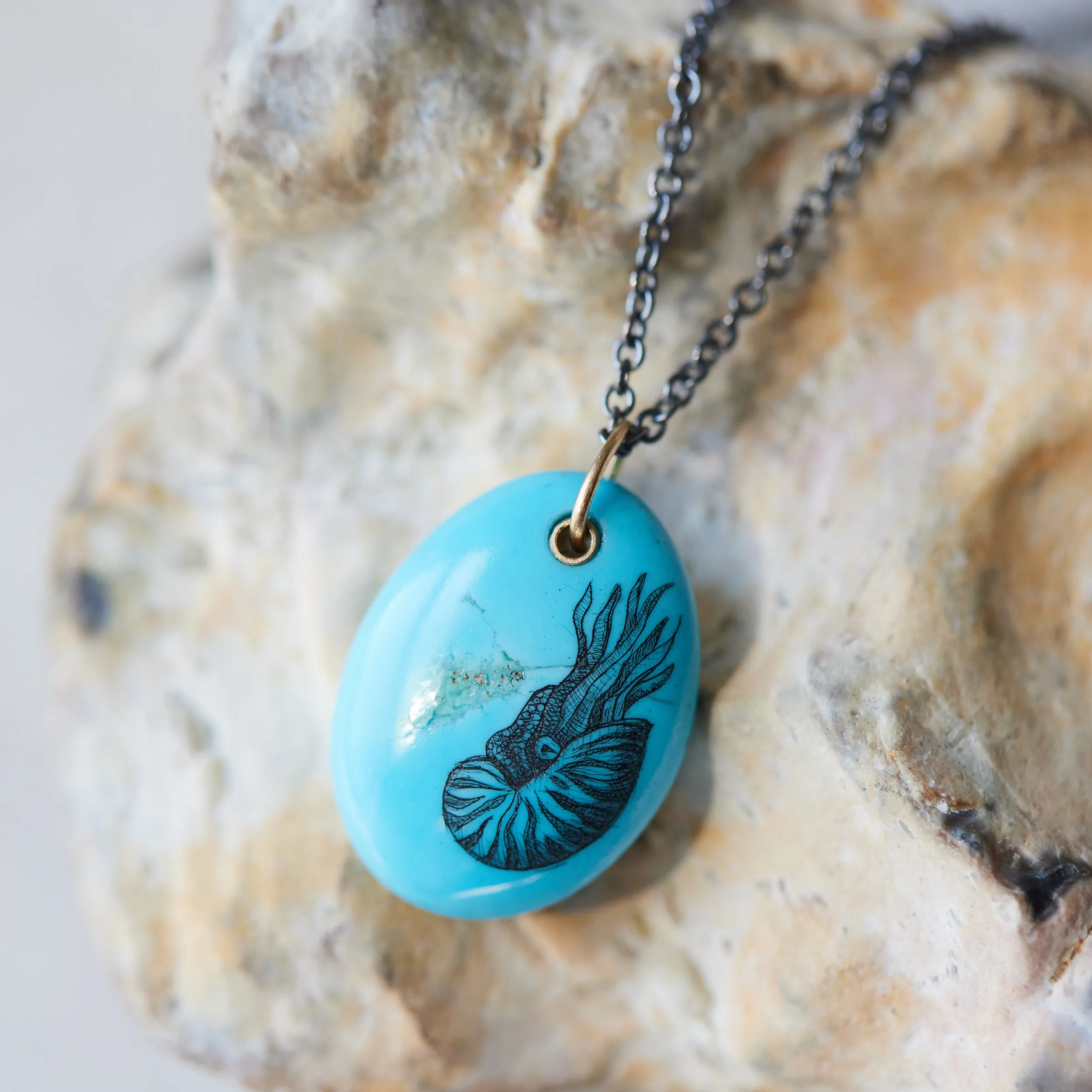 Nautilus Kingman Turquoise Scrimshaw Necklace