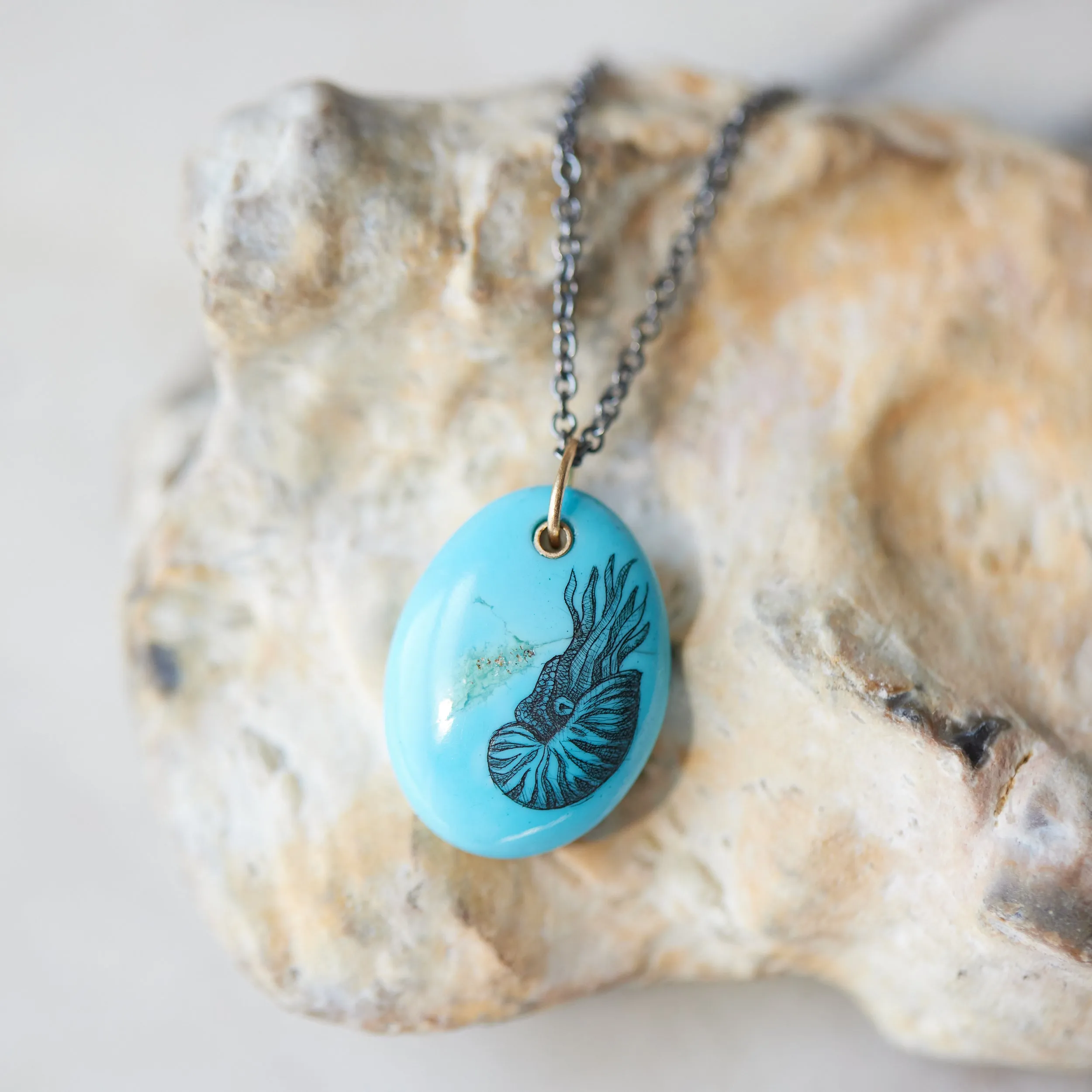 Nautilus Kingman Turquoise Scrimshaw Necklace