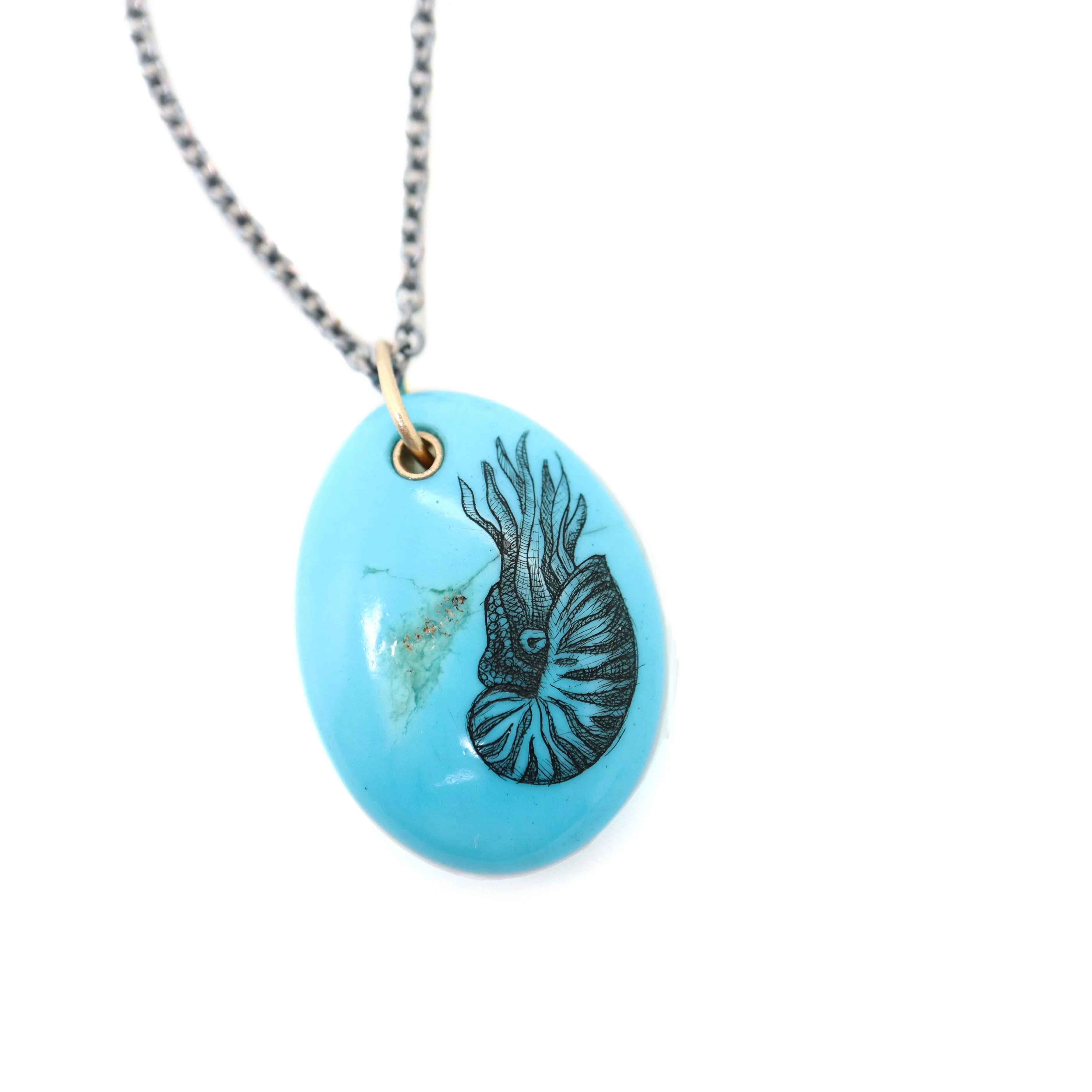 Nautilus Kingman Turquoise Scrimshaw Necklace