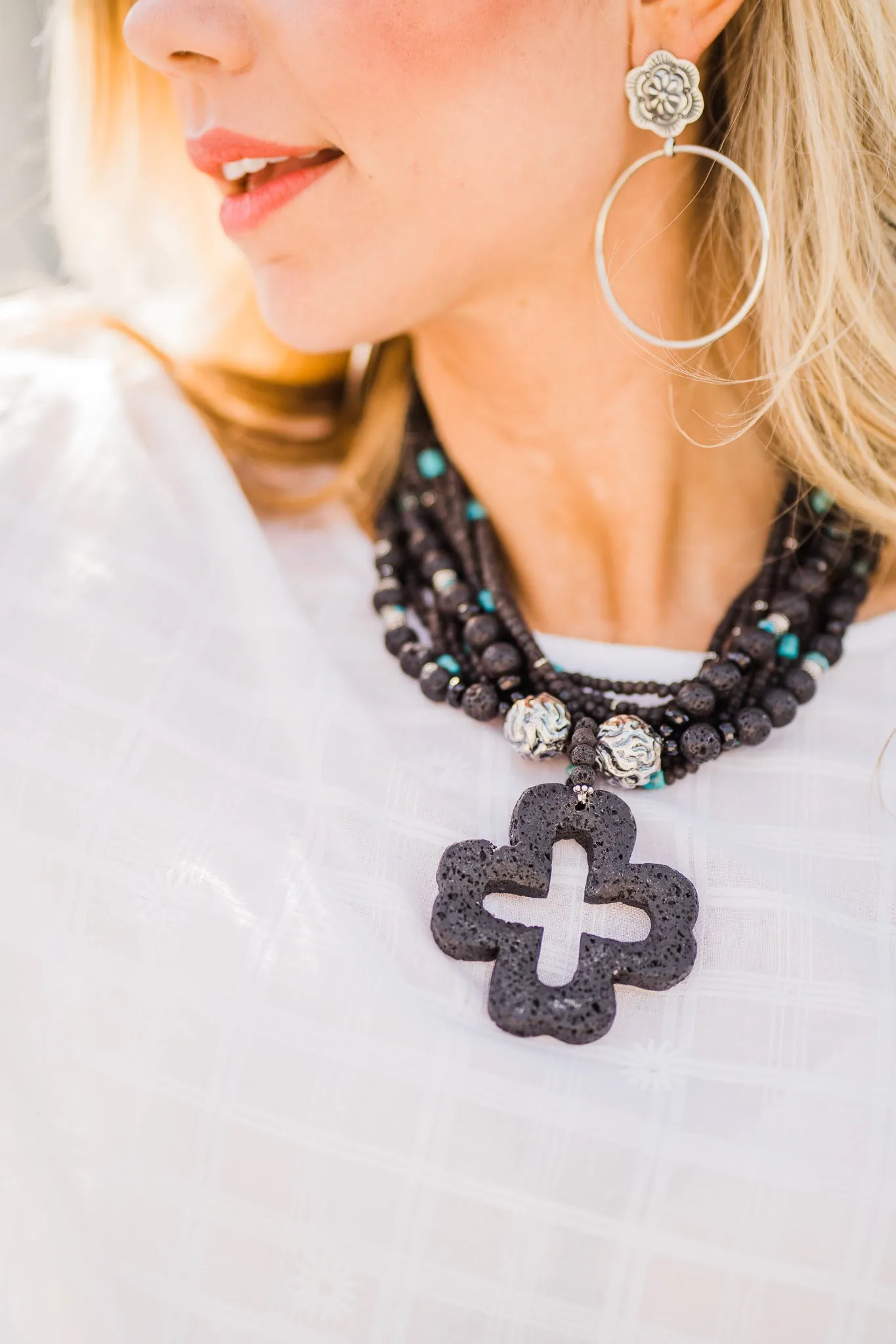 Necklace, Lava Cross Pendant with Two Strands of Lava Beads, 287A - Sale!