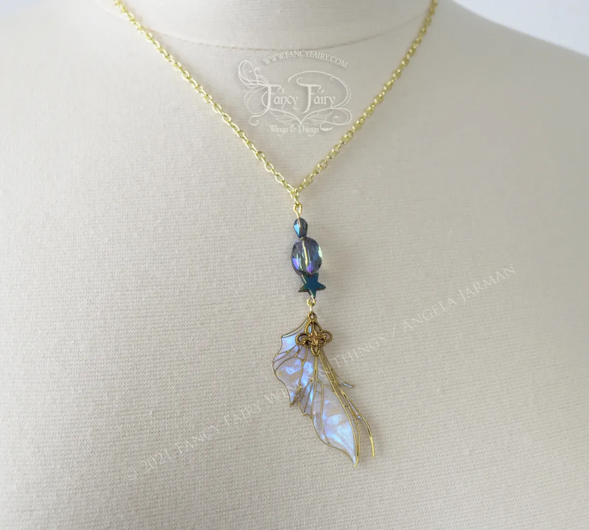 Nightshade "Celestial" Fairy Wing Necklace in Brass with Opal Iridescent Film