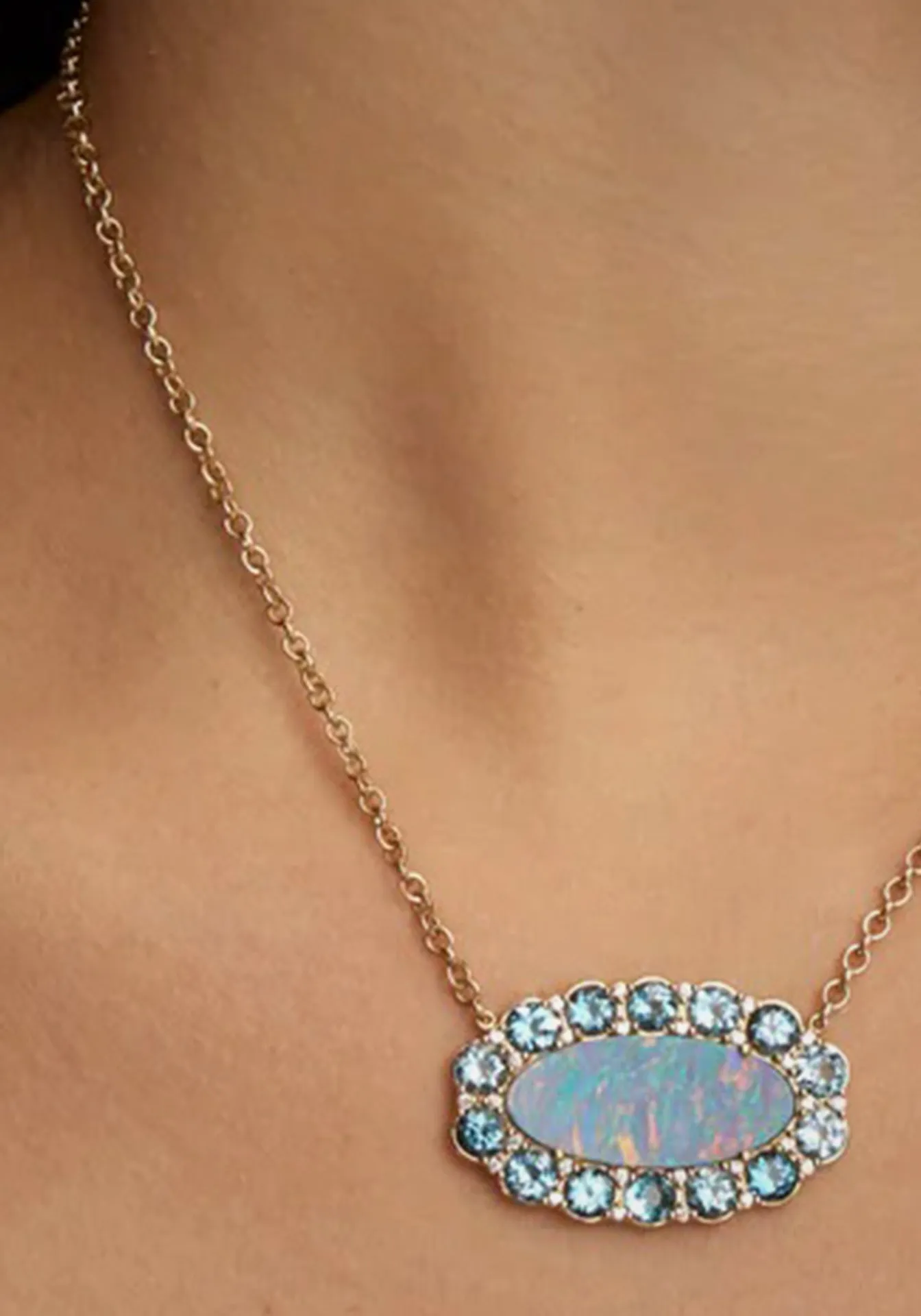 Opal, 18K Yellow Gold, Blue Topaz   Diamond Necklace