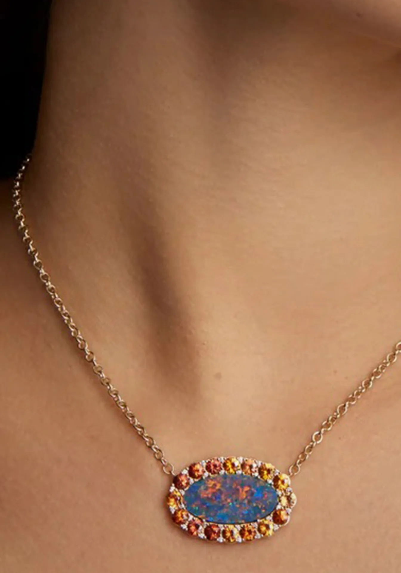 Opal, 18K Yellow Gold, Orange Sapphire   Diamond Necklace