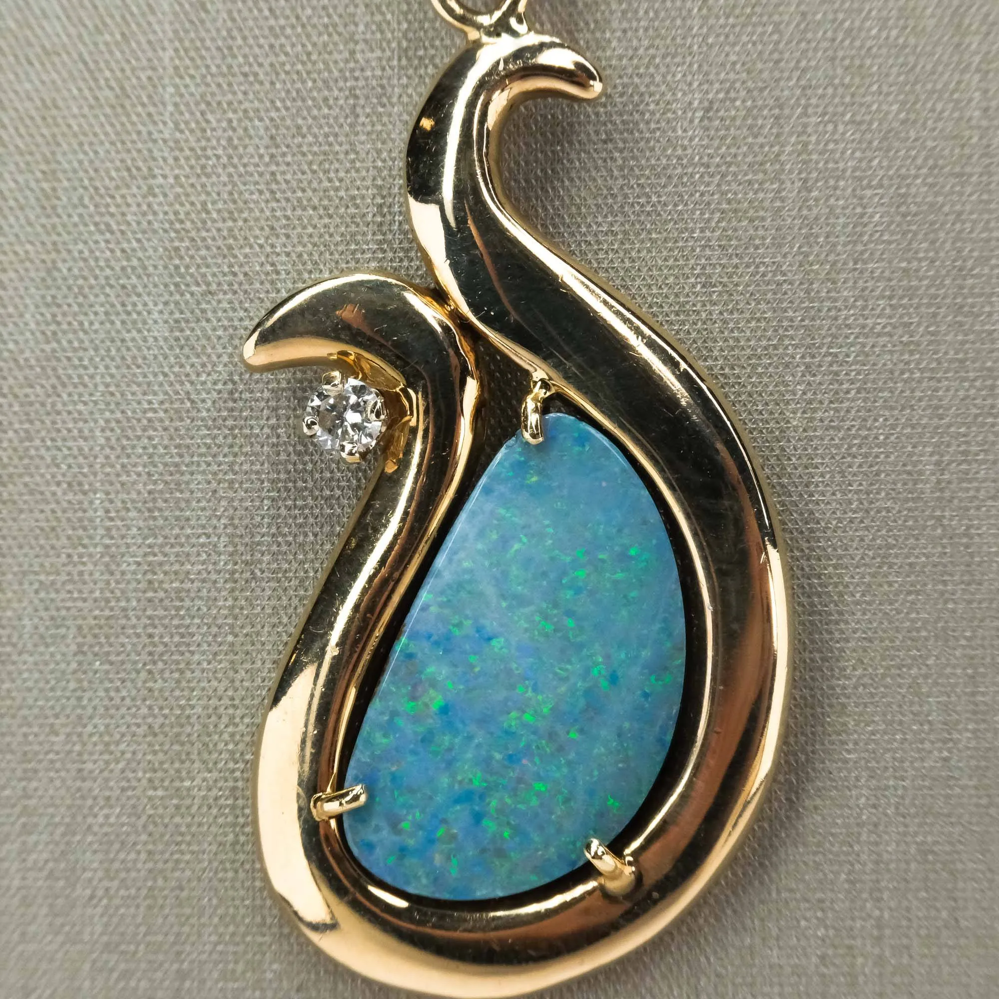 Opal & Diamond Freeform Pendant on 16" Reversible Omega Chain in 14K Gold