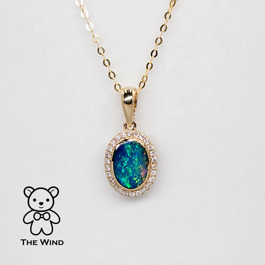 Oval Shaped Australian Doublet Opal Diamond Pendant Necklace 14k Yellow Gold