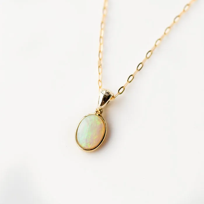 Oval Shaped Australian Solid Opal Necklace 18k Yellow Gold