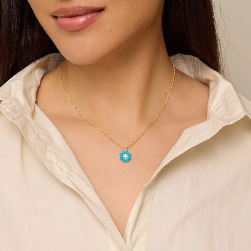 Petite Statement Turquoise Flower Pendant Necklace with Illusion Diamond Center