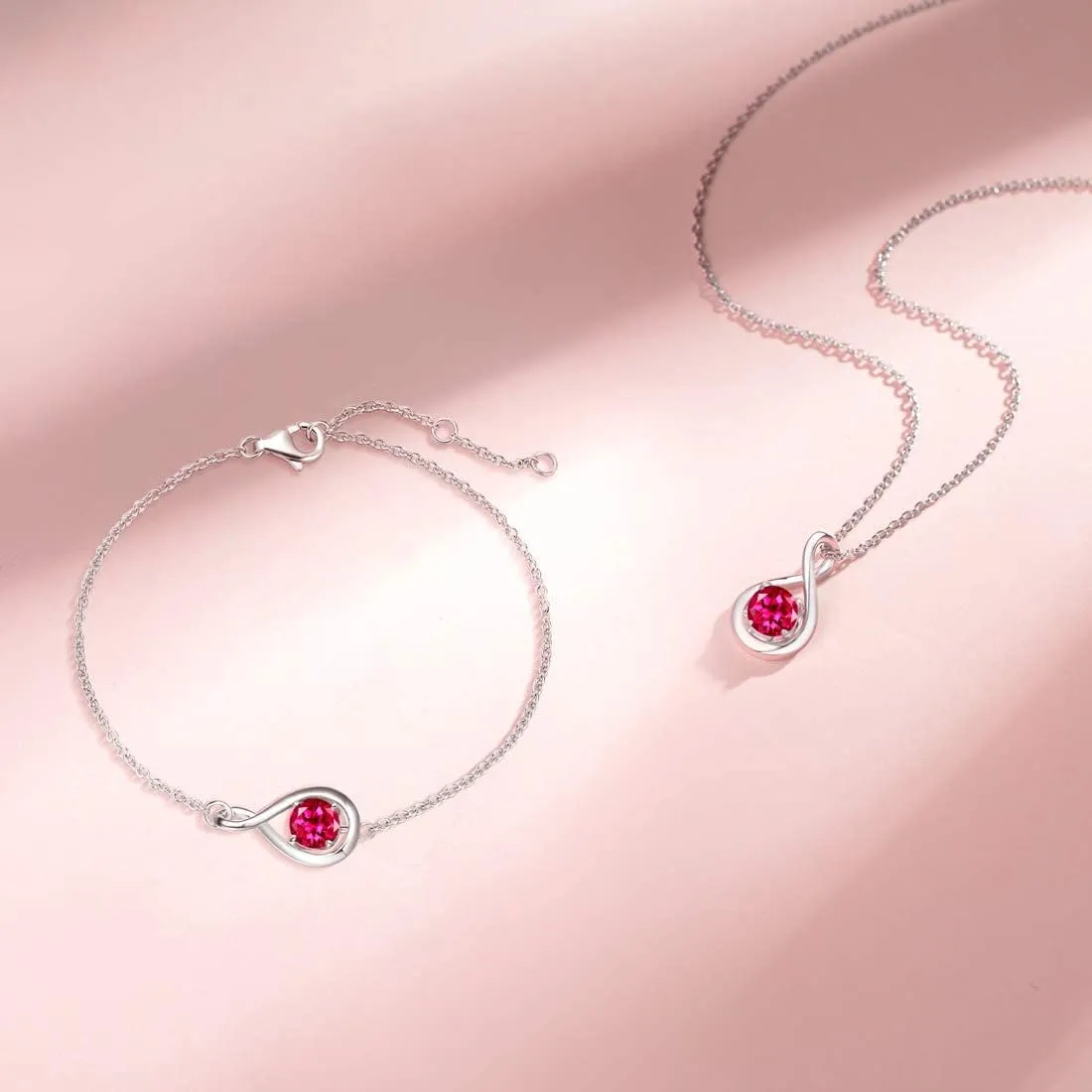 "Infinite Embrace" July Birthstone Ruby Stone Infinity Symbol Sterling Silver Pendant Necklace