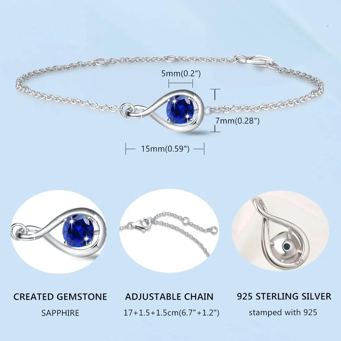 "Infinite Embrace" September Birthstone Sapphire Stone Infinity Symbol Sterling Silver Bracelet