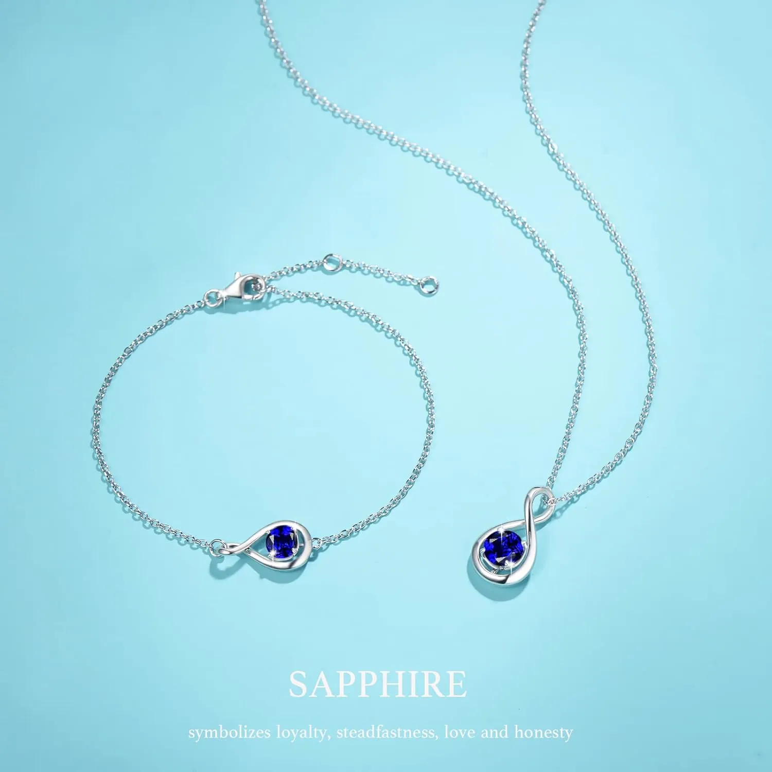 "Infinite Embrace" September Birthstone Sapphire Stone Infinity Symbol Sterling Silver Bracelet