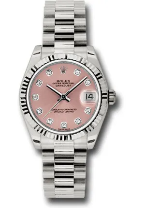 Rolex White Gold Datejust 31 Watch - Fluted Bezel - Pink Diamond Dial - President Bracelet 178279 pdp