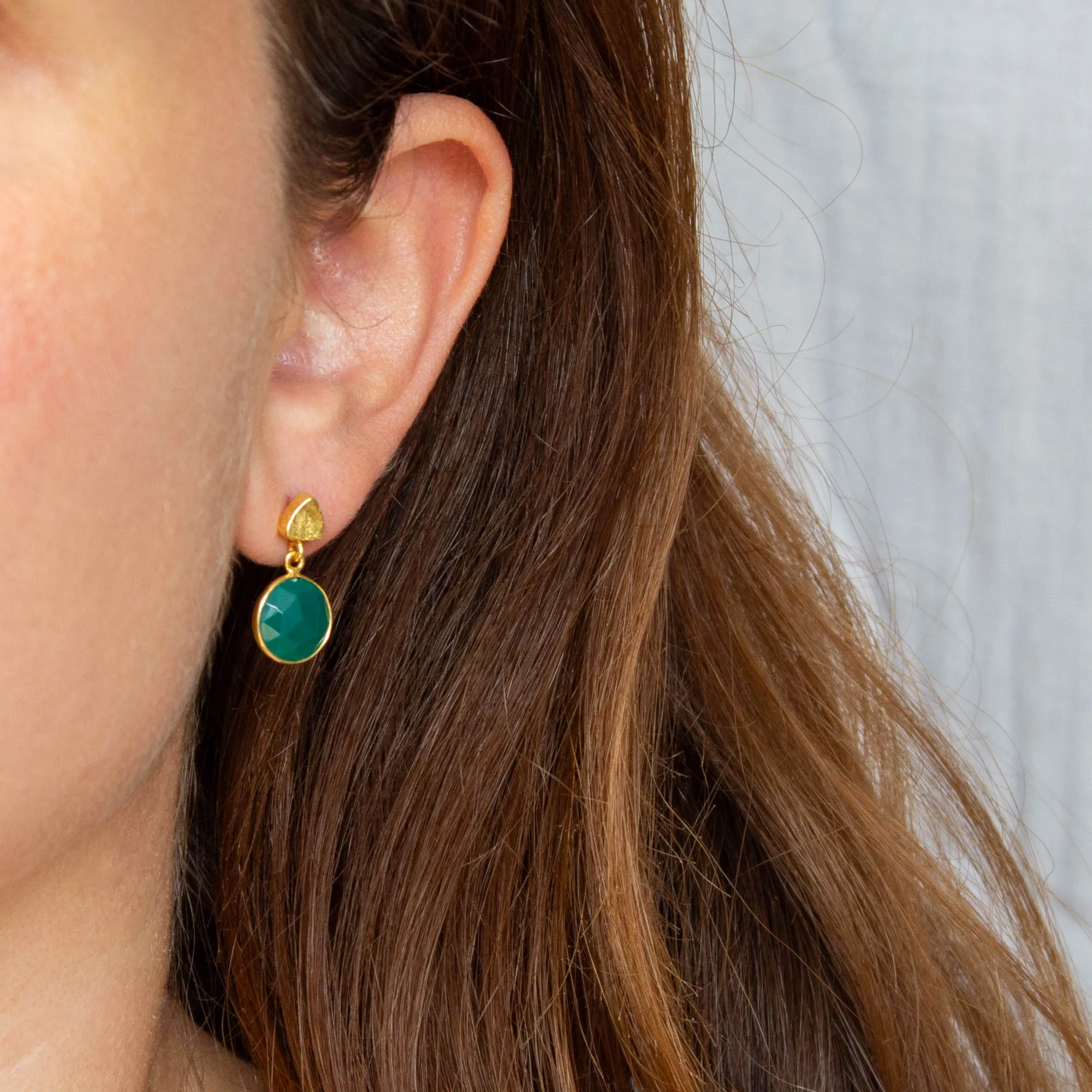 Round Gemstone and Brushed Gold Earrings