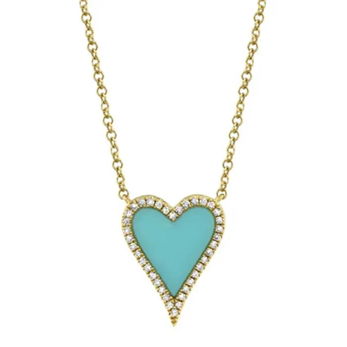 Shy Creation "Kate Collection" 0.09CT Diamond and .69CT Composite Turquoise Heart Necklace in 14K Yellow Gold