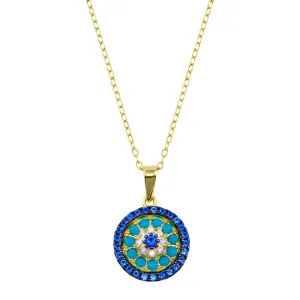 Silver 925 Gold Plated Round Charm Turquoise Blue CZ Necklace