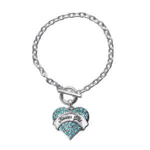 Silver Aqua Flower Girl Aqua Pave Heart Charm Toggle Bracelet