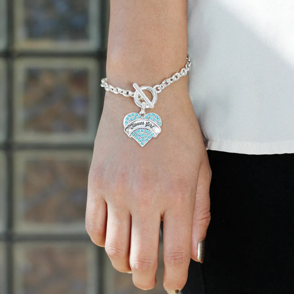 Silver Aqua Flower Girl Aqua Pave Heart Charm Toggle Bracelet