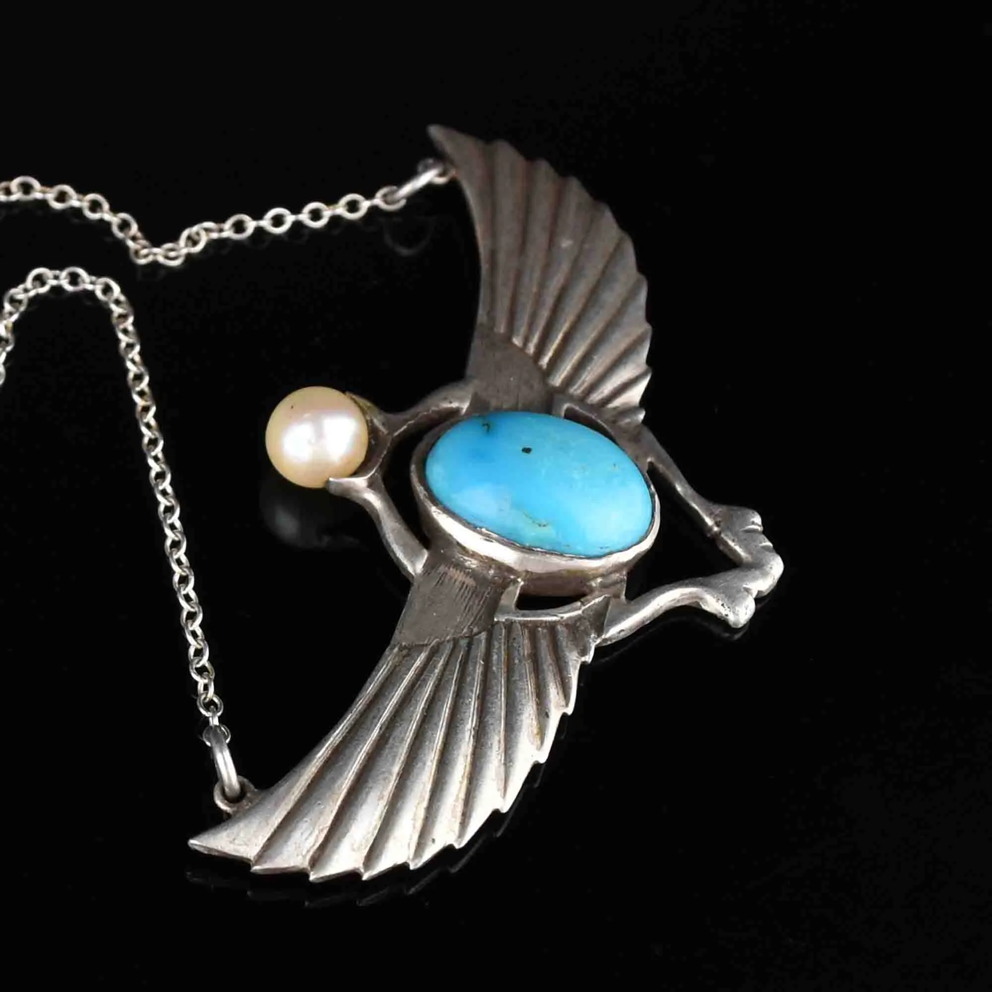 Silver Art Deco Style Turquoise Pearl Scarab Necklace