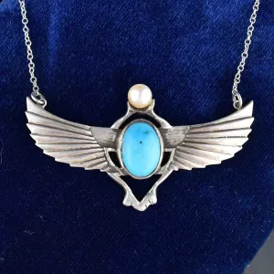 Silver Art Deco Style Turquoise Pearl Scarab Necklace