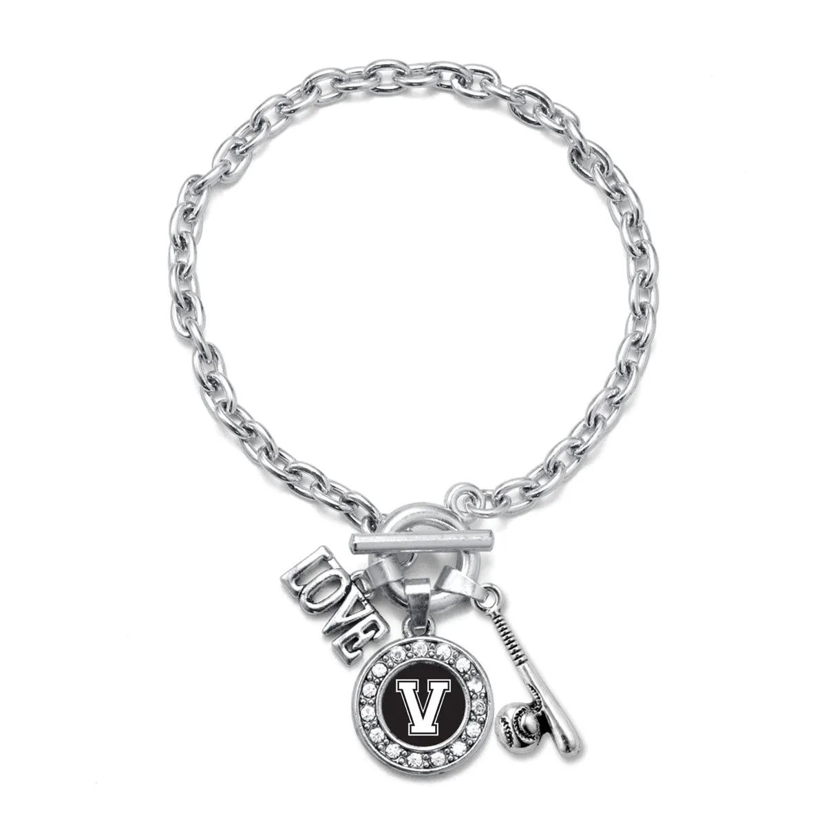 Silver Baseball Bat - Sports Initial V Circle Charm Toggle Bracelet