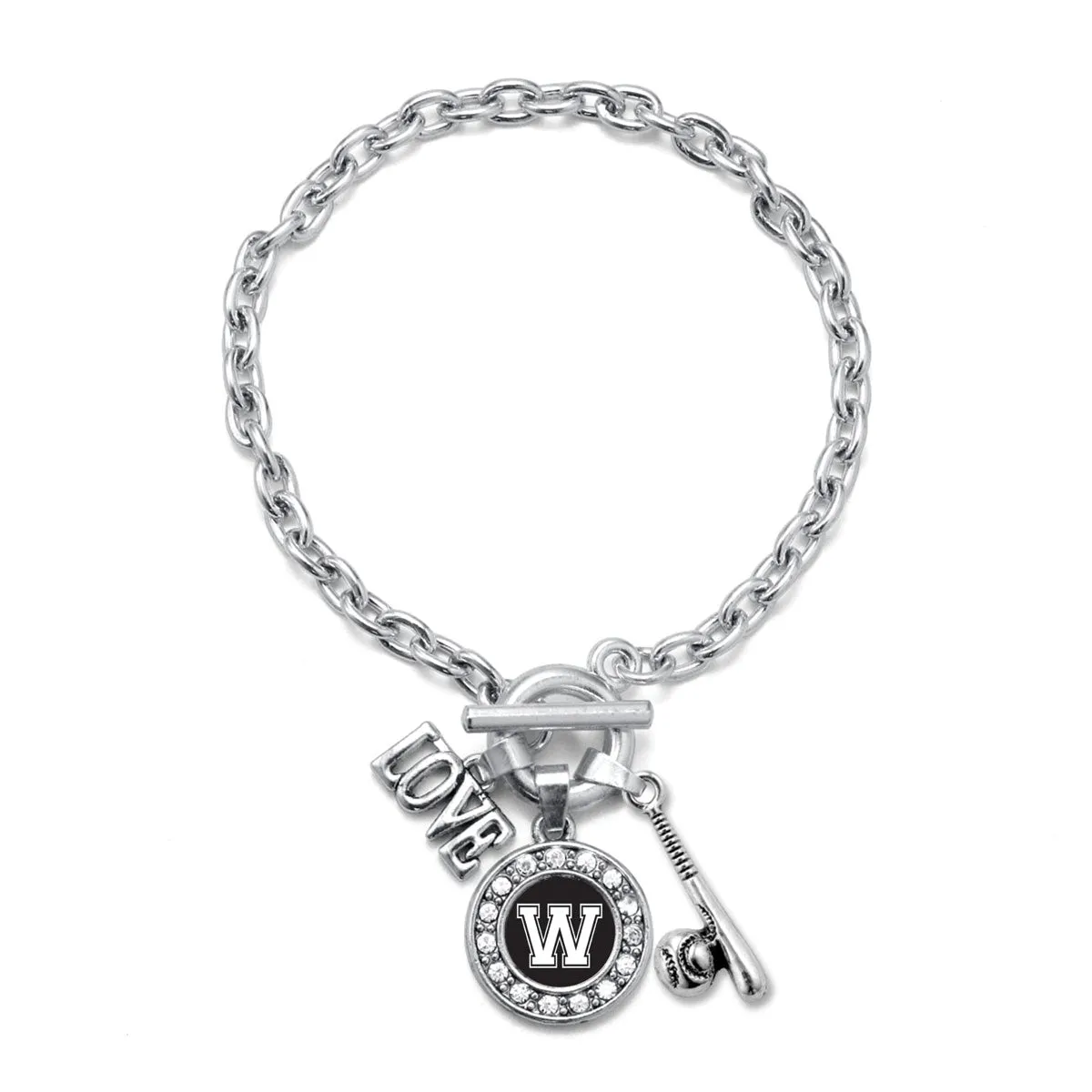 Silver Baseball Bat - Sports Initial W Circle Charm Toggle Bracelet