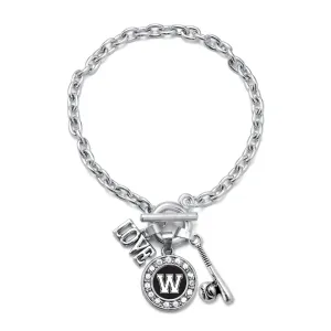 Silver Baseball Bat - Sports Initial W Circle Charm Toggle Bracelet