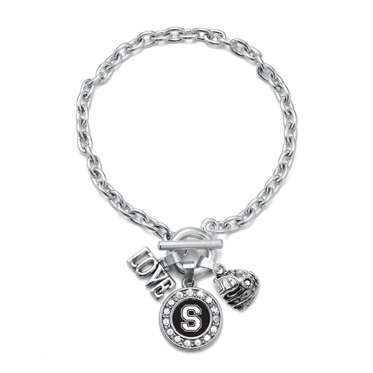 Silver Baseball Glove - Sports Initial S Circle Charm Toggle Bracelet